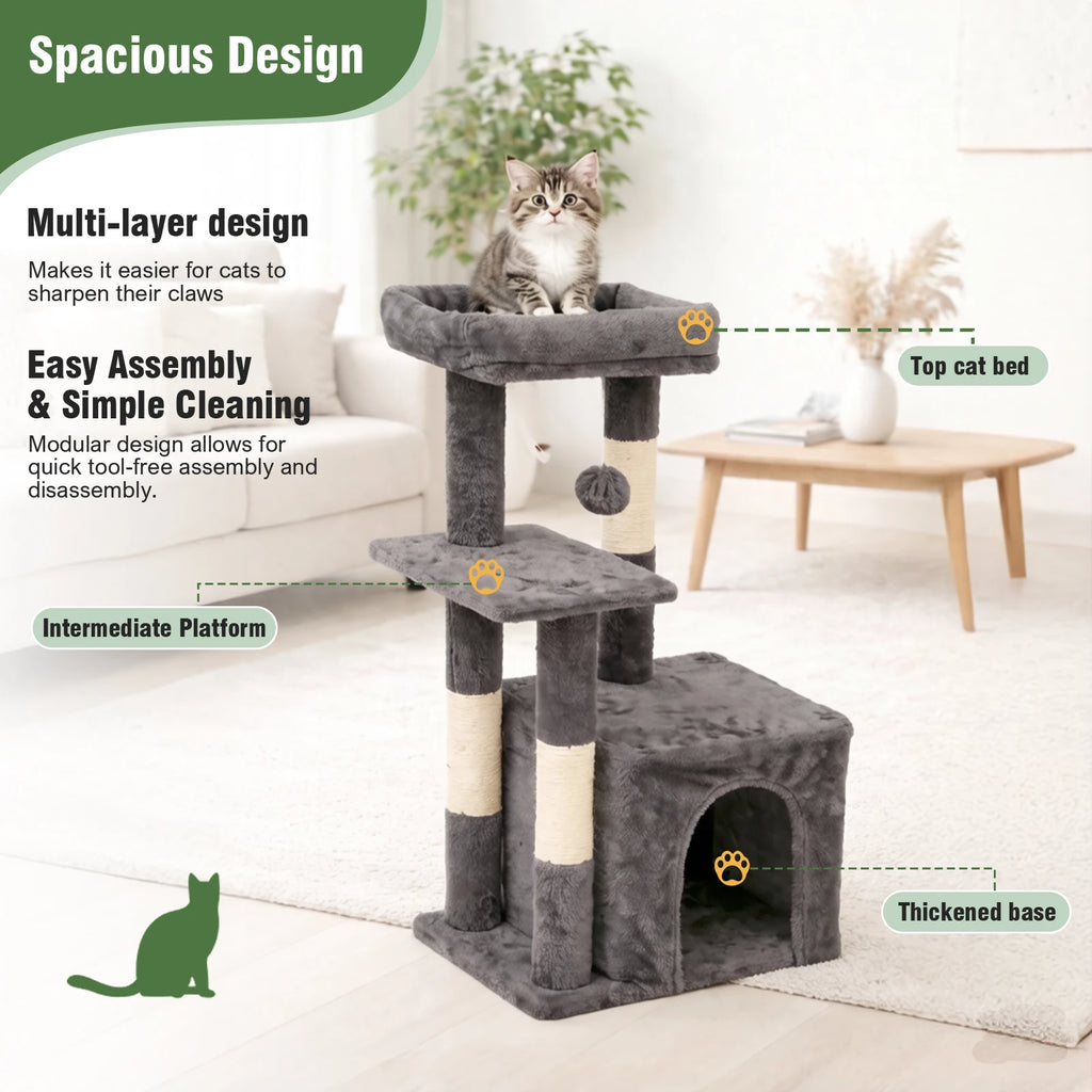 Cat Tree 31-Inch Cat Tower Indoor for Adult Cats with Scratching Posts Jumping Platform, Cat Condo 2 Hanging Ball Toys