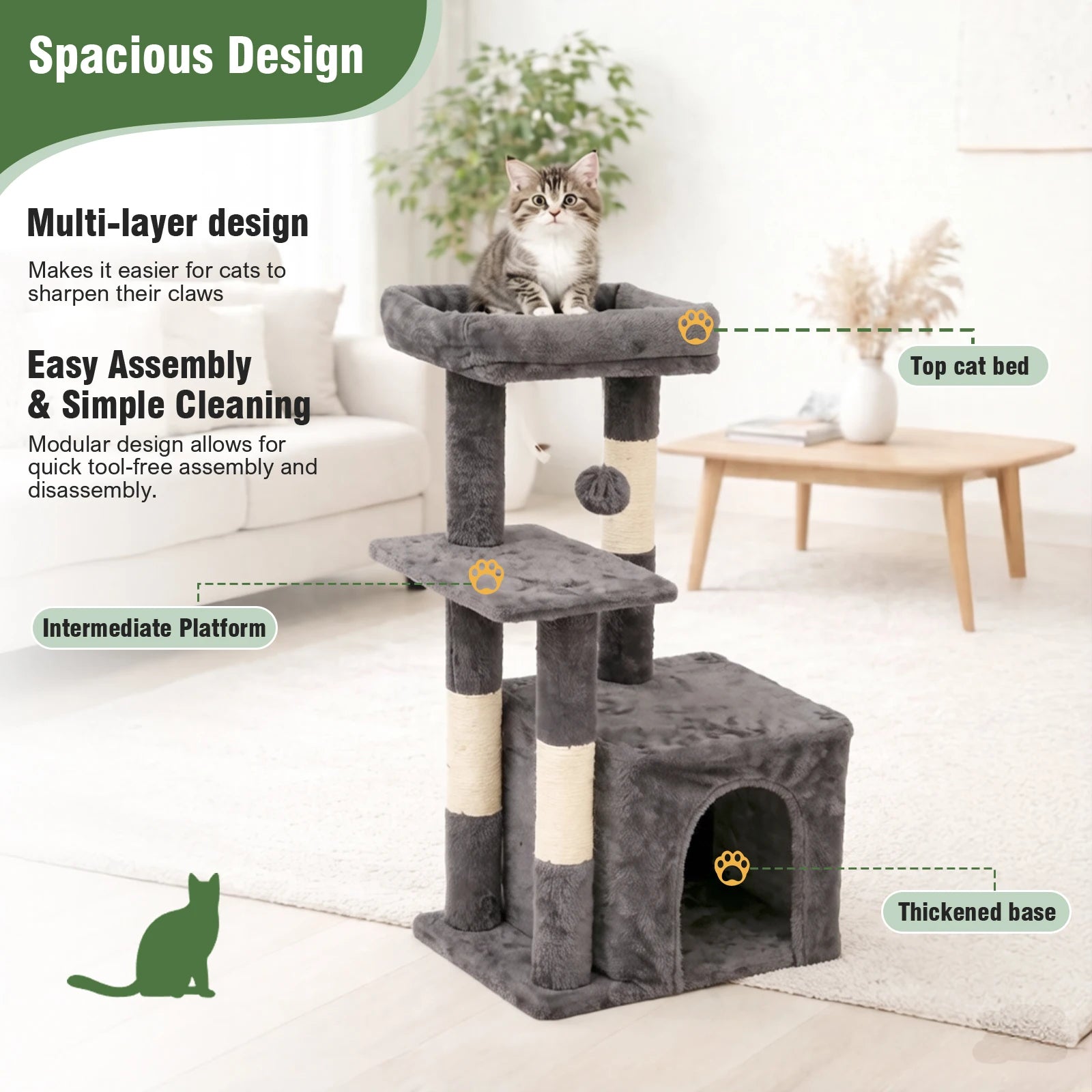 Cat Tree 31-Inch Cat Tower Indoor for Adult Cats with Scratching Posts Jumping Platform, Cat Condo 2 Hanging Ball Toys