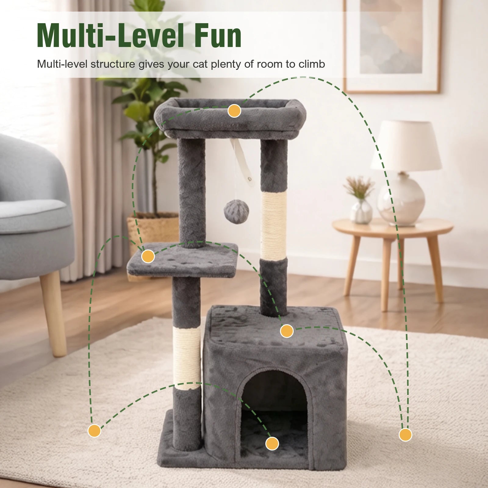 Cat Tree 31-Inch Cat Tower Indoor for Adult Cats with Scratching Posts Jumping Platform, Cat Condo 2 Hanging Ball Toys